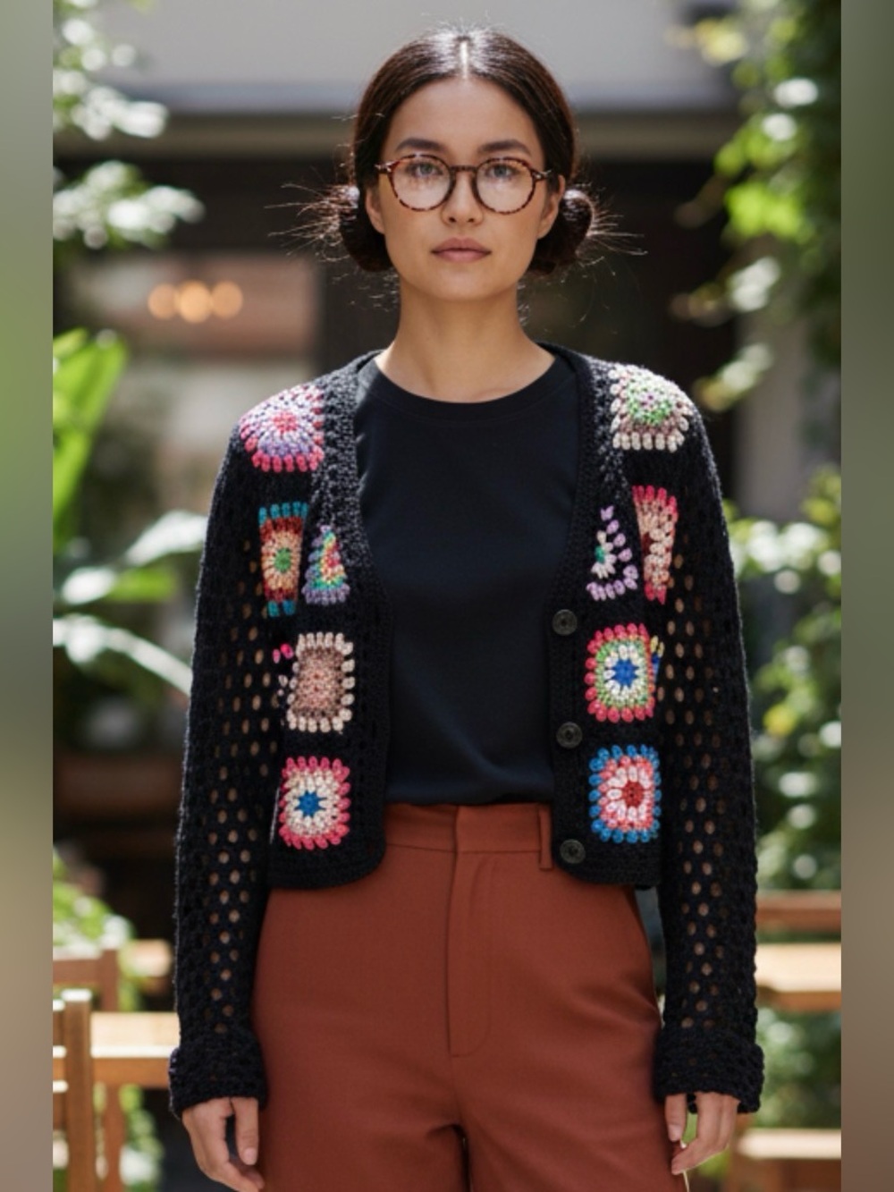 Crochet Granny Square Crop Openwork Cardigan V-Neck Sweater